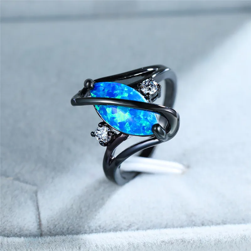 Unique Style Female Blue Opal Stone Ring Vintage Black Gold Wedding Rings For Women Promise Love Engagement Ring278P