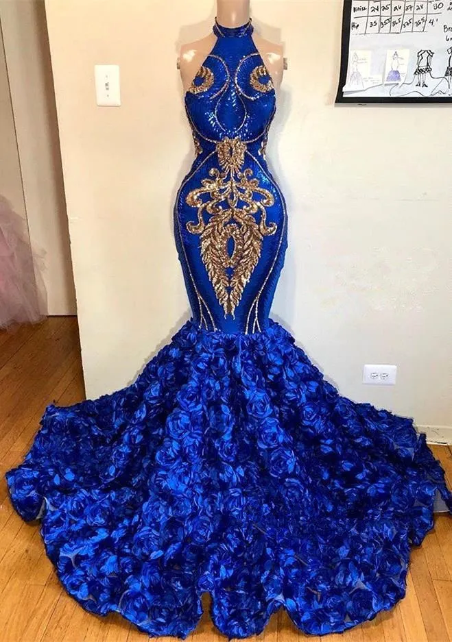 Robes de bal sirène bleu royal 2019 licou dentelle appliquée magnifique jupe florale 3D robes de soirée de bal pour les filles noires BC121347T