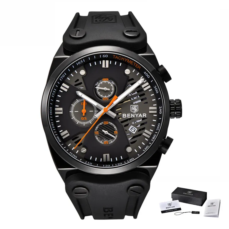 Benyar Waterproof 30m Outdoor Hollow Sports Chronograph Watch Skeleton Kalender Män kvartsklockor Stöd Drop297w