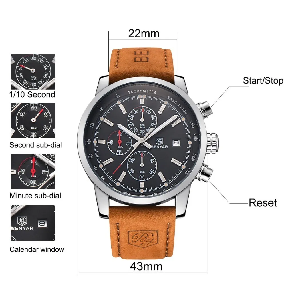 Benyar Men Watch Top Marka Luksusowa skórzana skórzana kwarc Chronograf Wodoodporny zegarek na nadgarstek Zegarek sportowy Sport Clock Relojes Hombre Y216N