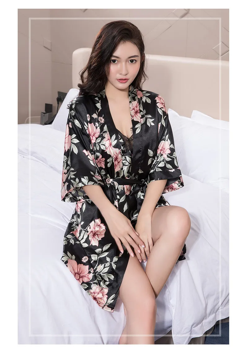 2020 Women Pajamas Sets Sleep Comfort Satin Sleepwear Lace Silk Camisole+Robe+Pants Pyjama Femme Home Suit