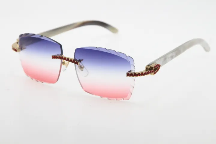 Bütün kenarsız kırmızı büyük taş güneş gözlüğü optik 3524012-a beyaz orijinal manda boynuz gözlükleri yüksek kaliteli oyma lens gözlük253w