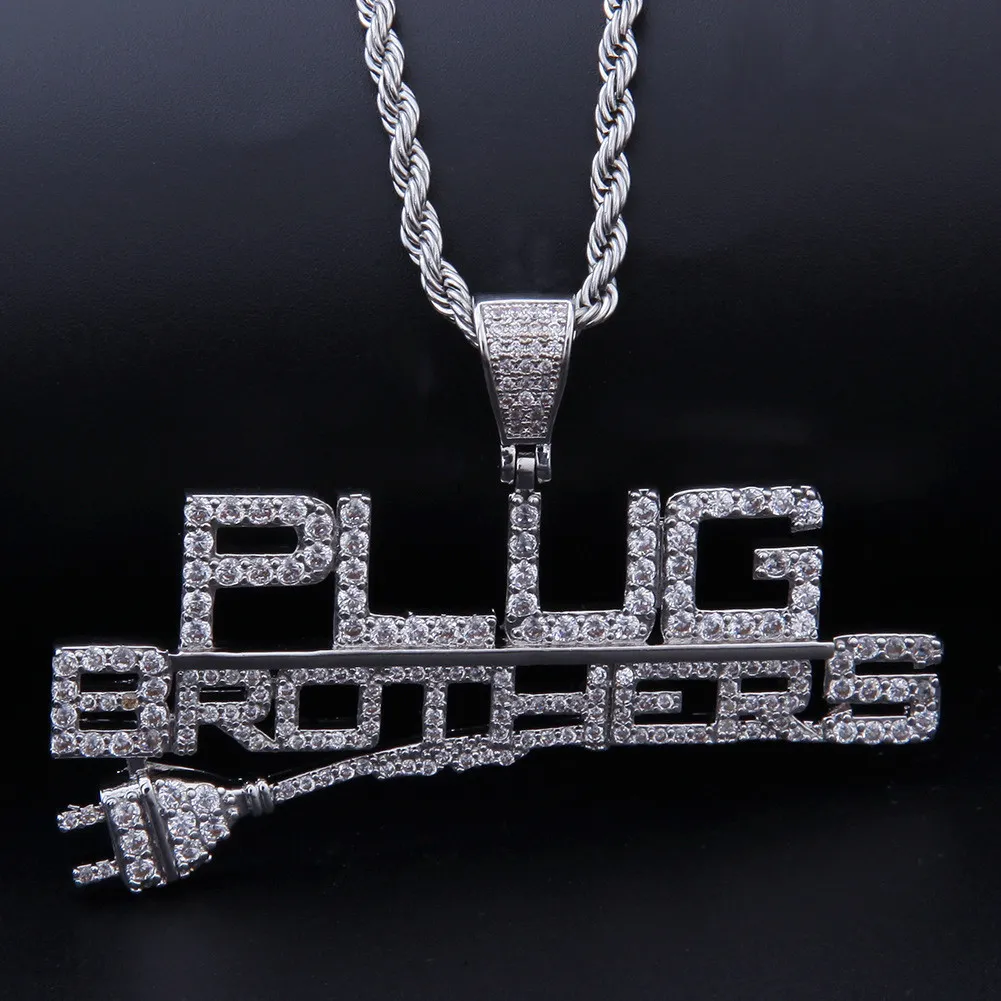 14k Gold Plated Custom New Design Fullt Iced Out Combine Letters Says Plug Brothers Hiphop Pendant Necklace215h