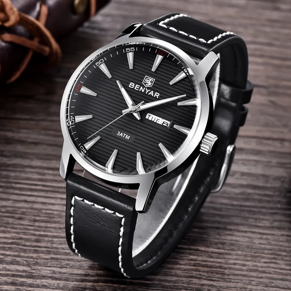 Top Luxe Merk BENYAR Nieuwe Mannen Horloge Mode Waterdicht Week Datum Militaire Mannelijke Quartz Lederen Horloges Relogio Masculino230F
