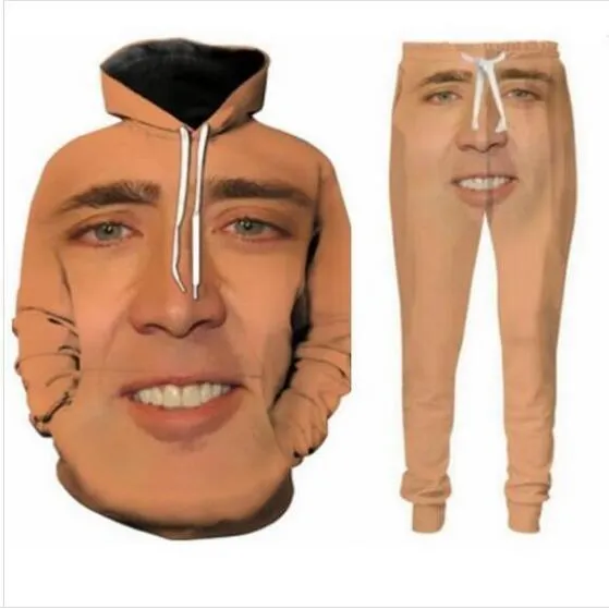 Two Piece Set Men Mulheres Mulheres Casuais Terrenos 3D Imprimir o gigante soprado Face de Nicolas Cage Moda Hoodies Hoodedpants Swe8668131