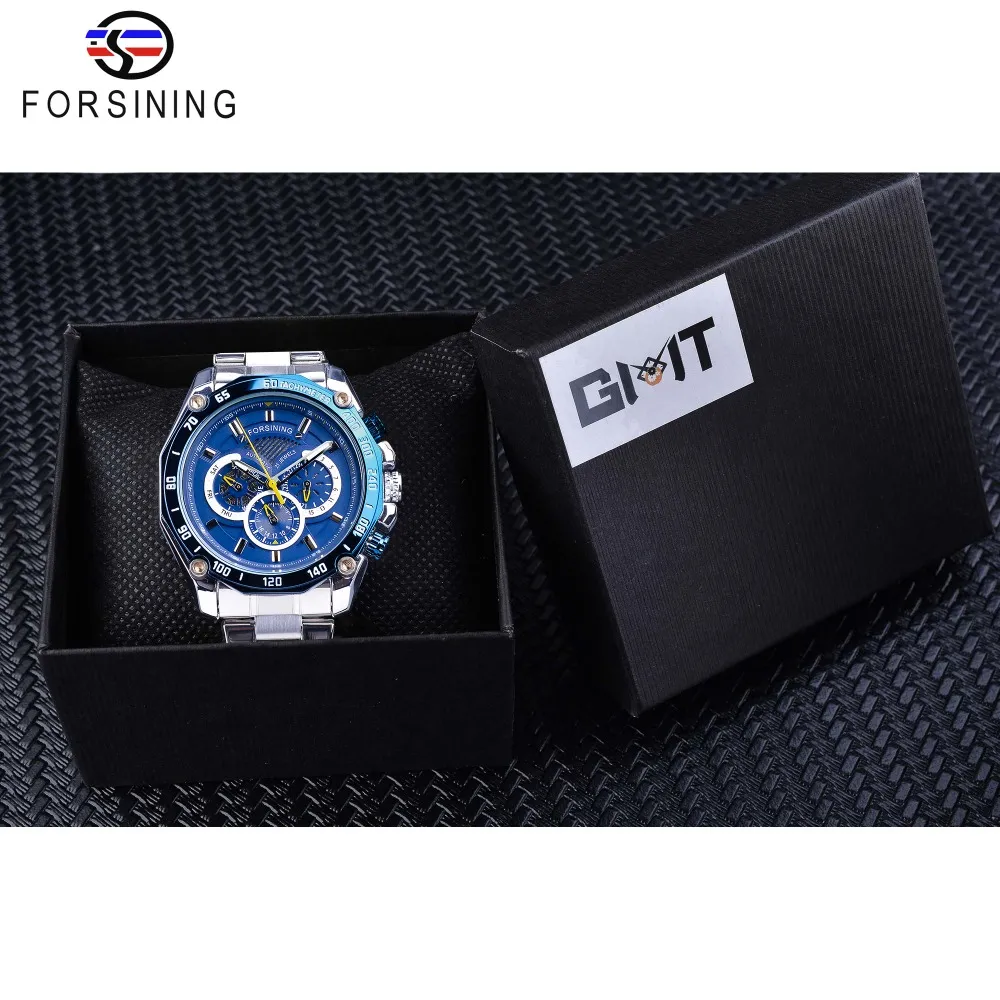 Forsining nuevo diseño azul calendario completo 3 esfera pequeña plata acero inoxidable relojes mecánicos automáticos para hombres Clock292i