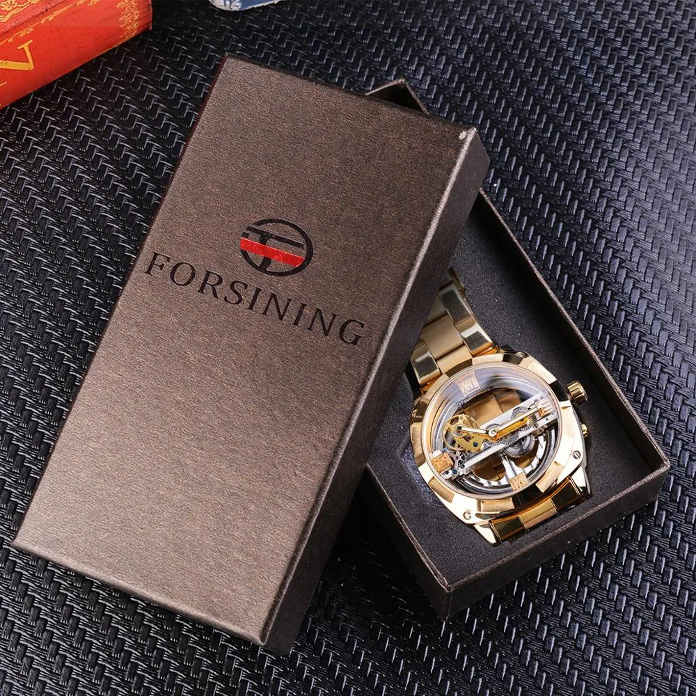 Reloj mecánico Forsining transparente dorado para hombre Steampunk esqueleto engranaje automático auto viento banda de acero inoxidable reloj Montre310h