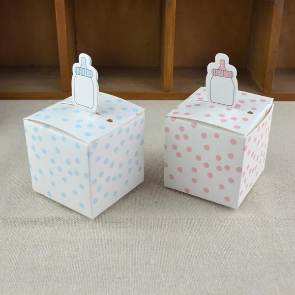 50 pezzi Confezione regalo a forma di biberon Puntini rosa e blu Cartoon Baby Shower Bomboniera di compleanno Scatole di caramelle Festa di celebrazione Scatola di carta255n