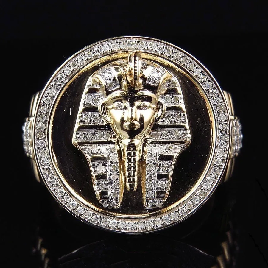 Хип-хоп Золото Серебро Цвет Египетский Король Тутанхамон Кольцо Египетский Фараон Король Мотор Байкер Мужские Icro Асфальтированные Камни Круглые Кольца222D