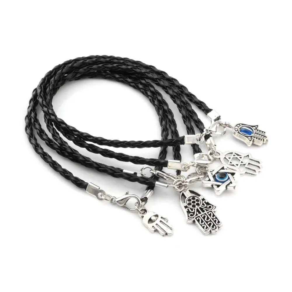 100 Stuks Gemengde Kabbalah Hamsa Hand Lucky Charms Armbanden Zwart Leer Gevlochten String 17-21cm2528