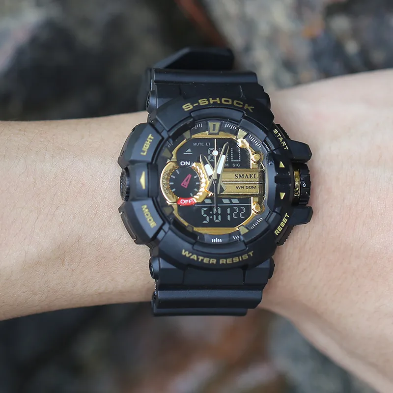 SMAEL Желтые спортивные часы Dual Time LED Цифровые часы Кварцевые аналогово-цифровые1436 Мужские наручные часы Военные мужские часы Digi276d