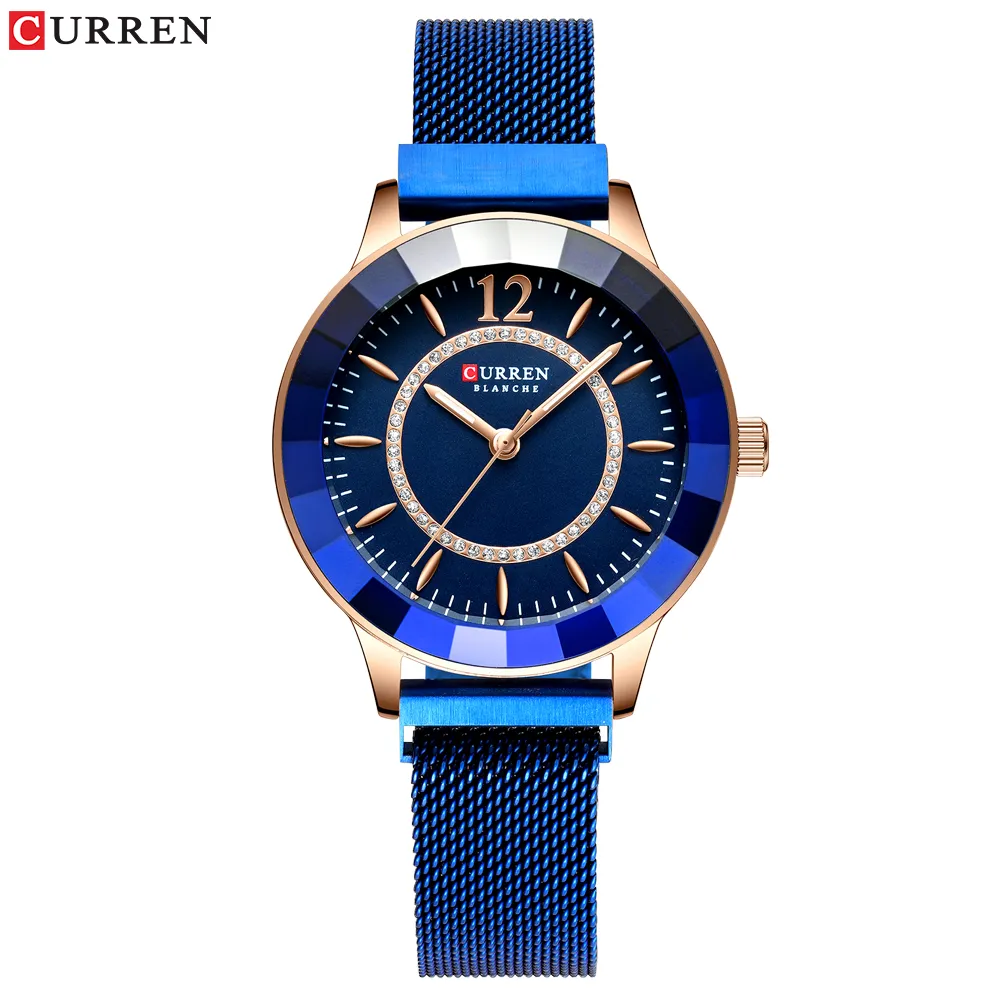 Curren New Rhinestone Fashion Quartz Mesh Steel Watch for Woman docalal Blue Ladies Watch bayan kol saati crassy luxuryclock295m