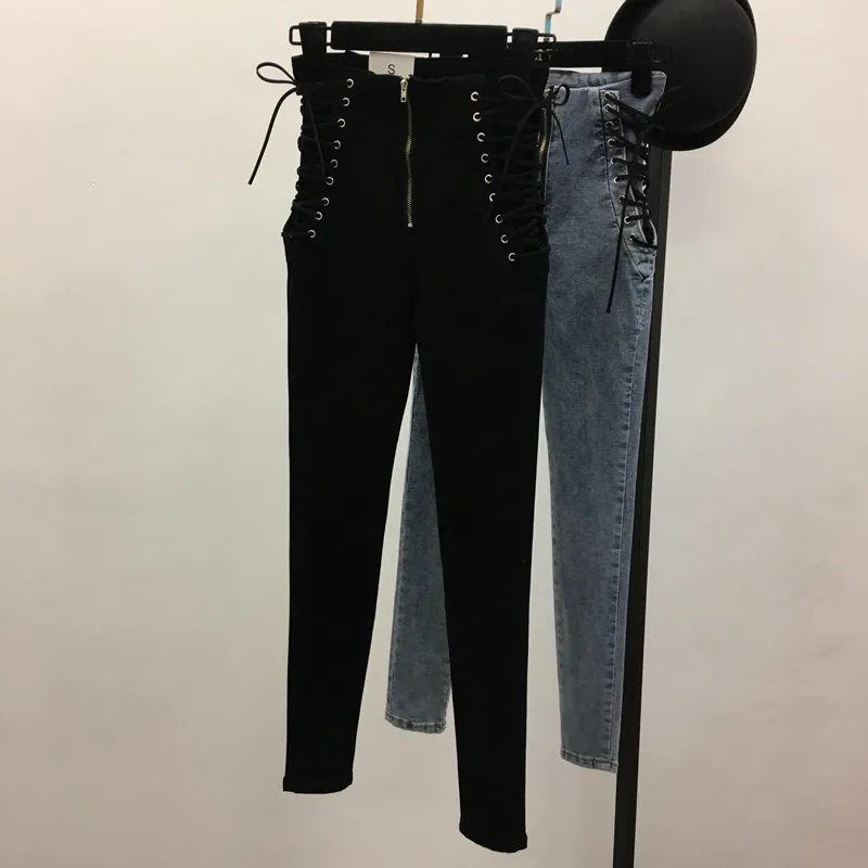 Jeans femmes à lacets maigre tout match fermeture éclair simple à la mode cheville longueur pantalon femmes printemps automne mince femme de haute qualité V200402