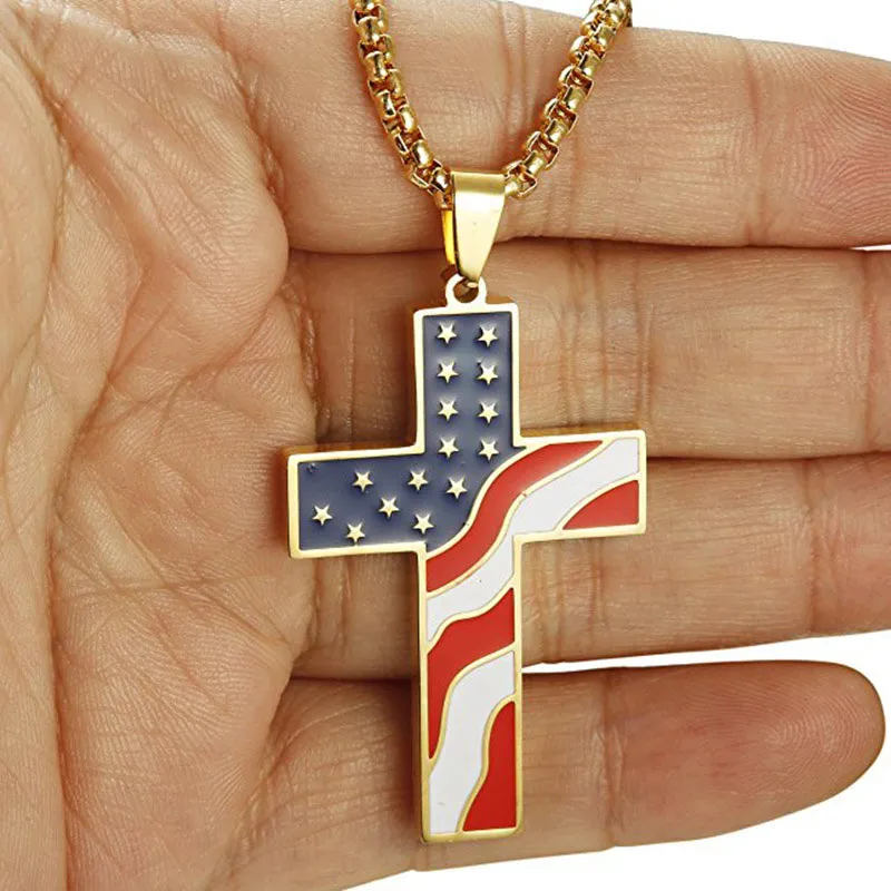 Collana con bandiera americana Collane con ciondolo croce in acciaio inossidabile Gioielli patriottici Religiosi USA Oro Argento Catena pesante261p