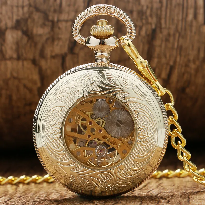 Steampunk antico nero oro bronzo orologio da tasca scheletro a carica manuale orologi meccanici uomo donna orologio FOB pendente catena regalo2319