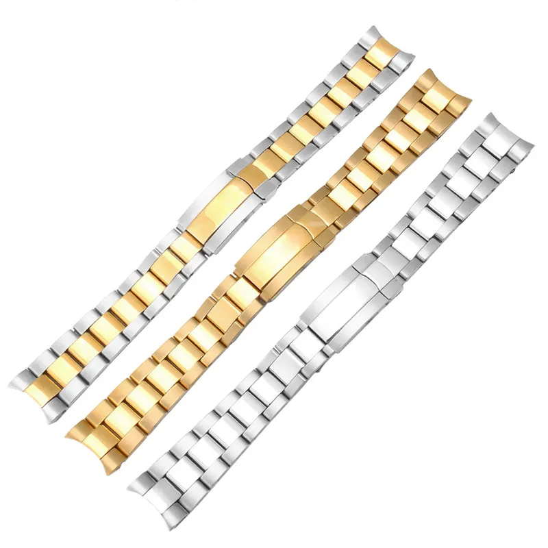 Jawoder pulseira de relógio 20mm ouro intermediário polishig novos homens extremidade curvada aço inoxidável pulseira pulseira para rolex submarino250d