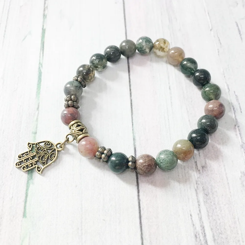 MG0411 Simple Design Natural Stone Bracelet for Women 8 mm Fancy Beads Hamsa Charm Bracelet Indian Agate Energy Jewelry217y