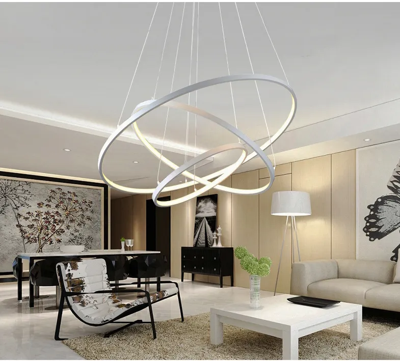 Luminária pendente moderna, 60cm, 80cm, 100cm, para sala de estar, sala de jantar, anéis circulares, corpo de alumínio acrílico, luminária de teto led, 275p