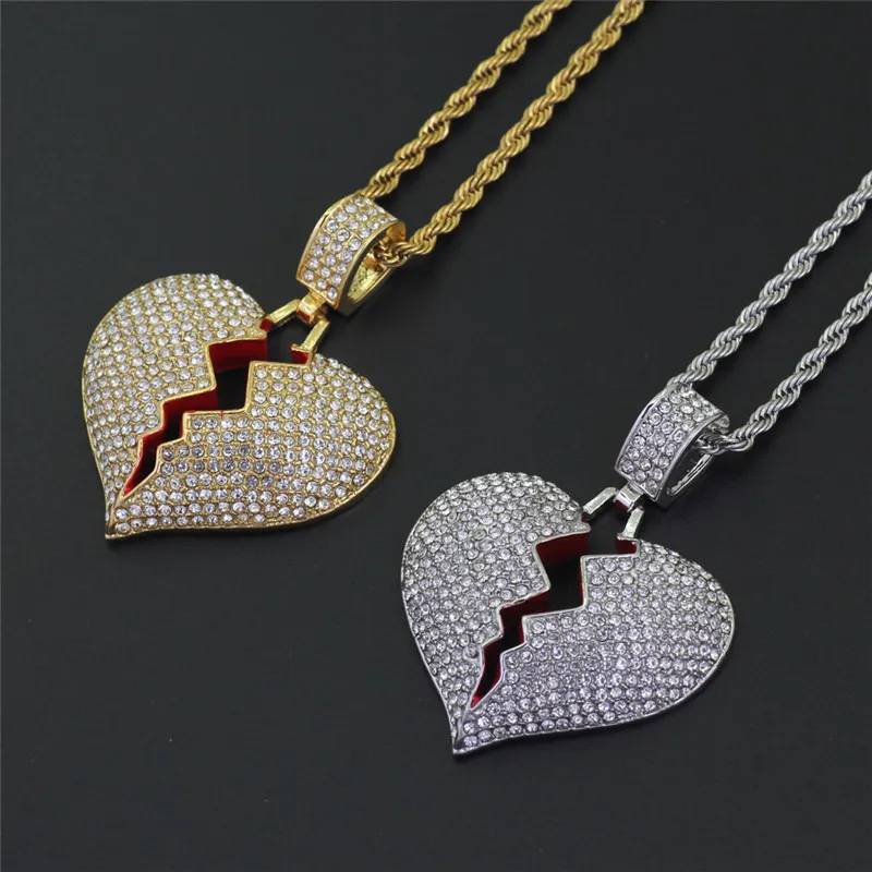 Trendy rood gebroken hart hangers hiphop statement ketting met volledige steentjes gouden zilveren ketting voor mannen vrouwen 2 kleuren 3073