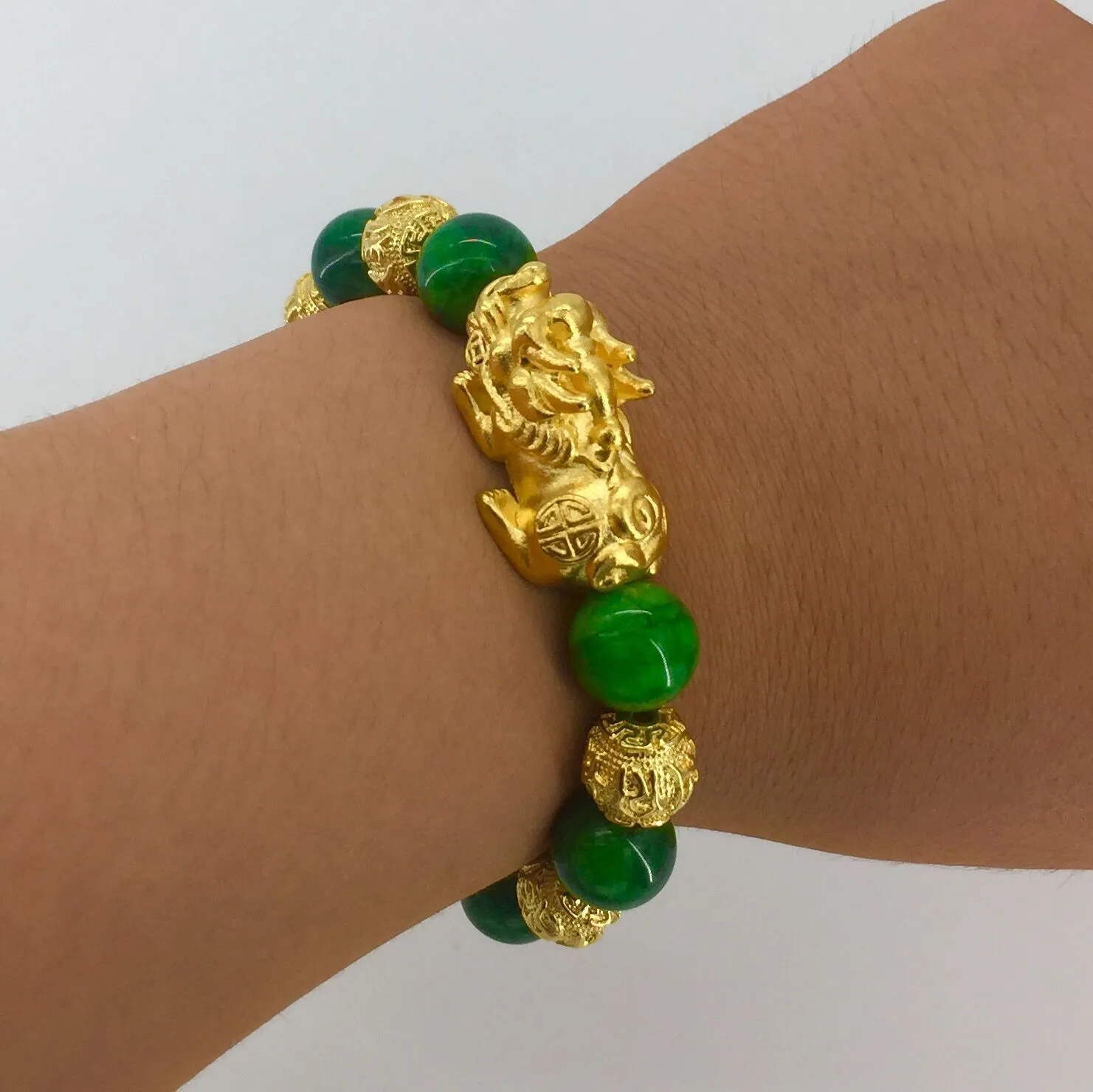 LY01 Vietnamese sand gold plated 24K gold green jade stone sand gold pixiu bracelet272y
