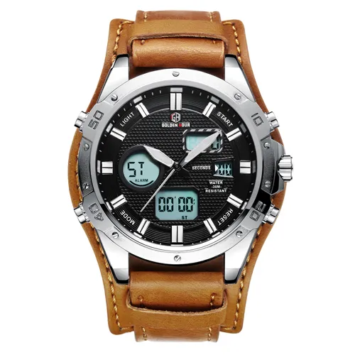 CWP Top Marque GOLDENHOUR Sport Cuir Hommes Montre Relogio Hombre Automatique Étanche Quartz Mâle Horloge Armée Militaire Poignet Watches262G