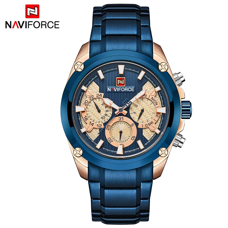 Naviforce Mens Watches Top Brand Luxury Men's Castile Sport Quartz 24時間の時計フルスチール軍事腕時計男性Clo276i