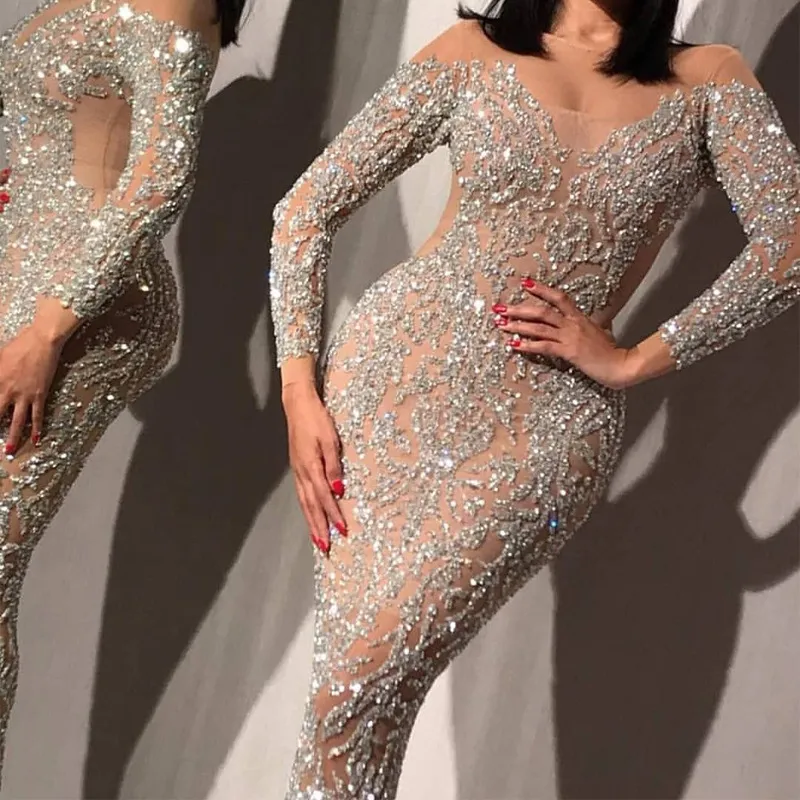 gold long sleeve slim sexy dress in season Luxurious Sequin Crystals Mermaid Gorgeous Evening Gowns Unique Design Prom Dresses182q