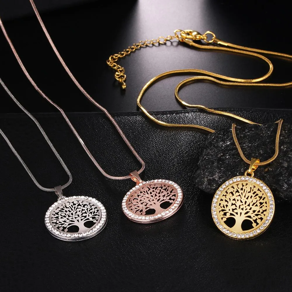 New Fashion Tree of Life Necklace Crystal Round Small Pendant Necklace Rose Gold Silver Colors Elegant Women Jewelry Gifts Dropshi290F