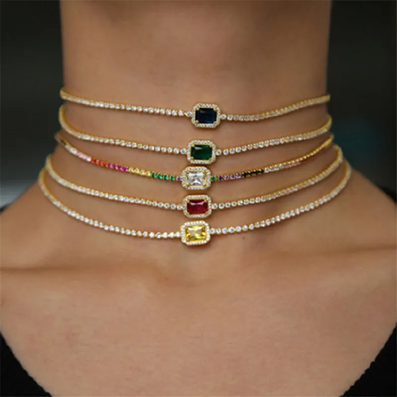 Iced Out Tennis Chains Choker Necklaces Luxury Gold Silver Fashion Pink Yellow Bling Rhinestone Collar Necklace Party Jewelry Gift318A