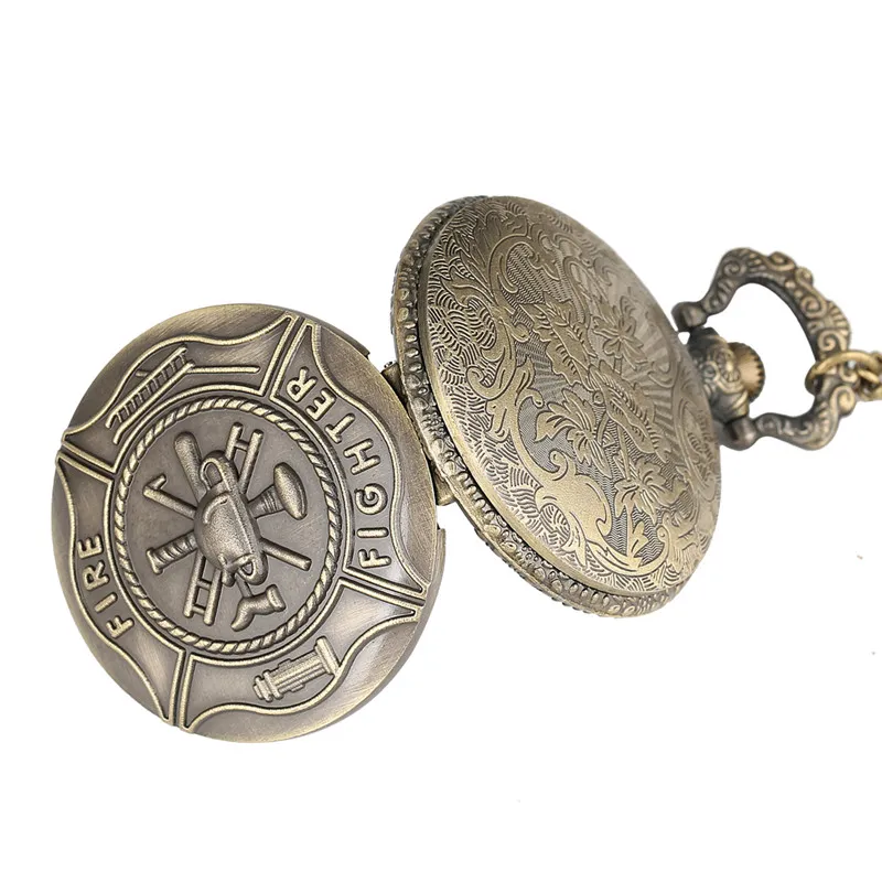 Bronze clássico bombeiro herói analógico relógio de bolso de quartzo colar corrente para presente masculino reloj de bolsillo217e