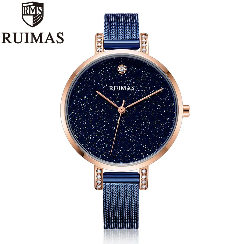 Ruimas Simple analogique robe femmes montres en acier inoxydable maille bracelet Quartz montres dame Watch267y