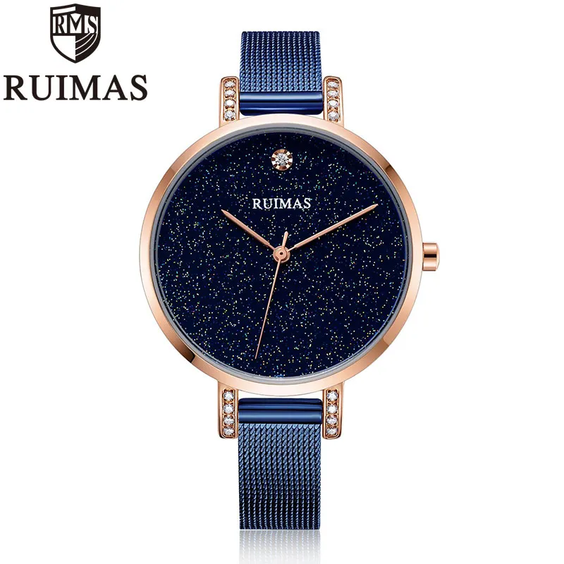 Ruimas Simple Analogue Dress Women's Watches Stainless Steel Mesh Strap Quartz Wrist Watches Lady Watch179R