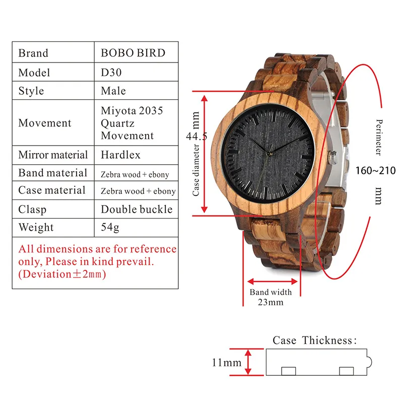 Whole- BOBO BIRD D30 Round Vintage Zebra Wood Case Men Watch With Ebony Bamboo Wood Face With Zebra Bamboo Wood Strap Japanese2040