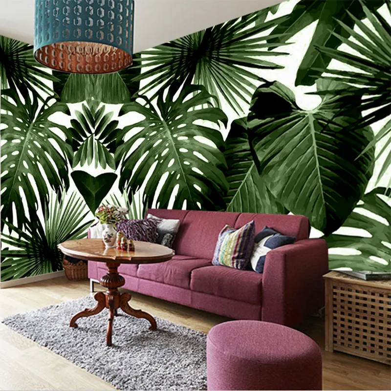 3D selbstklebende wasserdichte Leinwand-Wandbild-Tapete, modernes grünes Blatt, tropischer Regenwald, Pflanzen-Wandbilder, Schlafzimmer, 3D-Wandaufkleber, 230 g