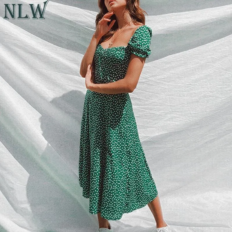 NLWビーチボヘミアン夏2019女性ドレスヴィンテージパーティーエレガントな女性ドレスMidi Rufple Green Dresses Vestidos T5190615