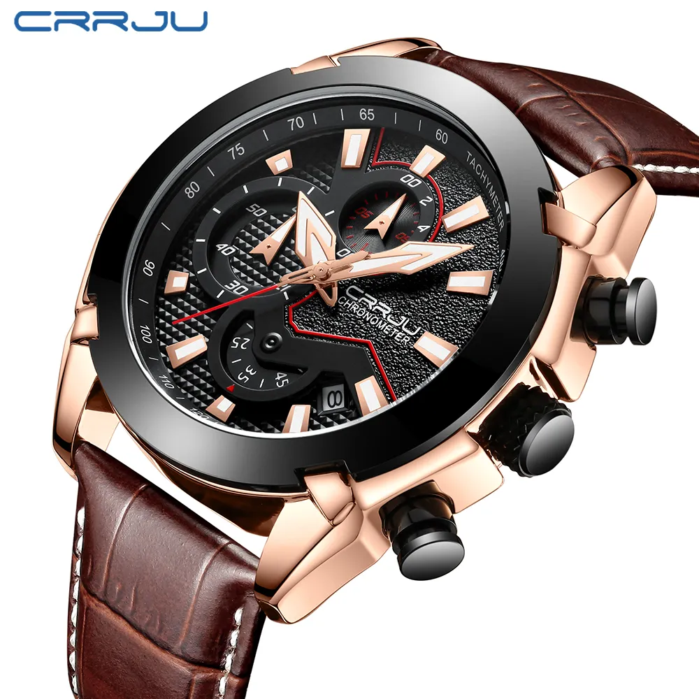 Crrju relógio de quartzo cronógrafo masculino, relógio de luxo com data luminosa à prova d'água, pulseira de couro, vestido, relógio de pulso erkek kol sa268s
