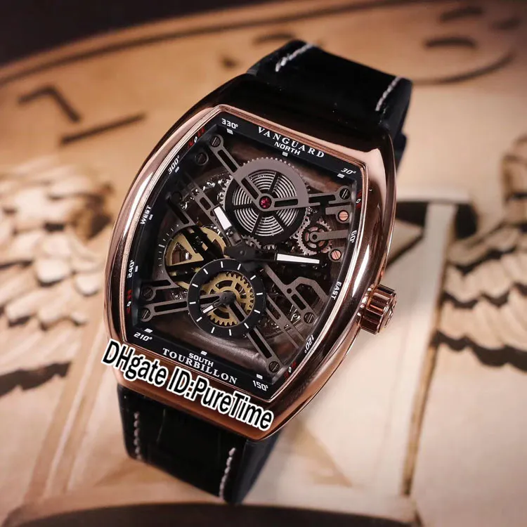 Nowa kolekcja Vanguard V45 Rose Gold Black Inner Dial Turbillon Tourbillon Automatyczne męże zegarki czarne gumowe zegarki Puret216c