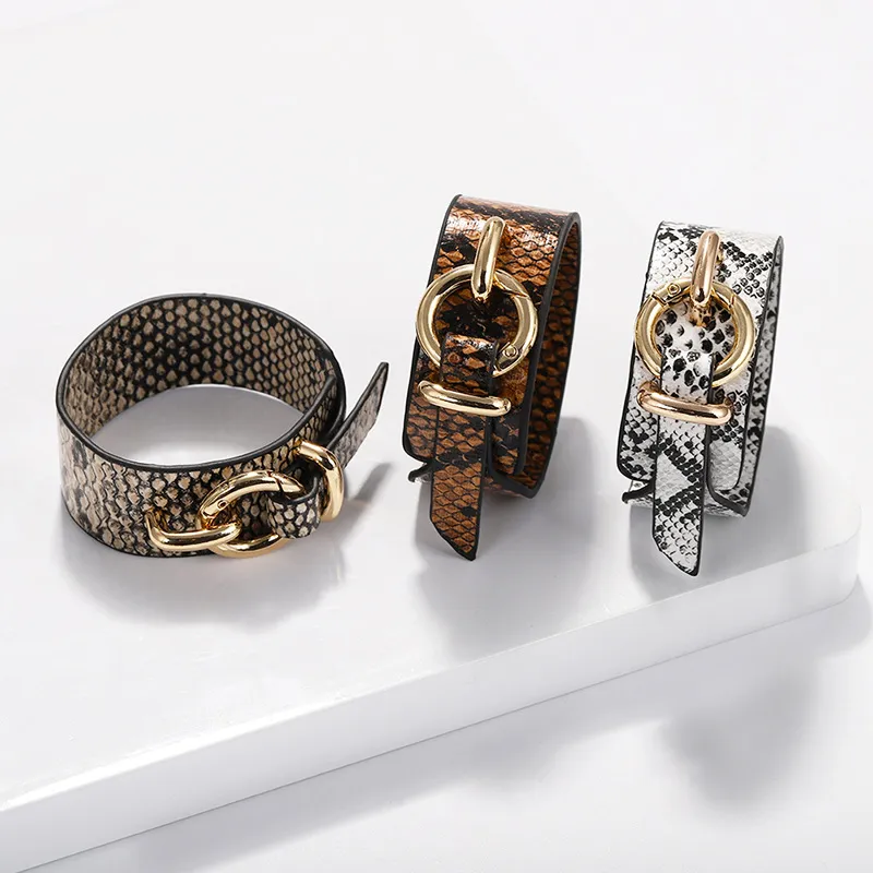 Nueva moda ins diseñador de lujo serpiente leopardo animal estampado cuero brazalete ajustable pulsera para mujer 203C