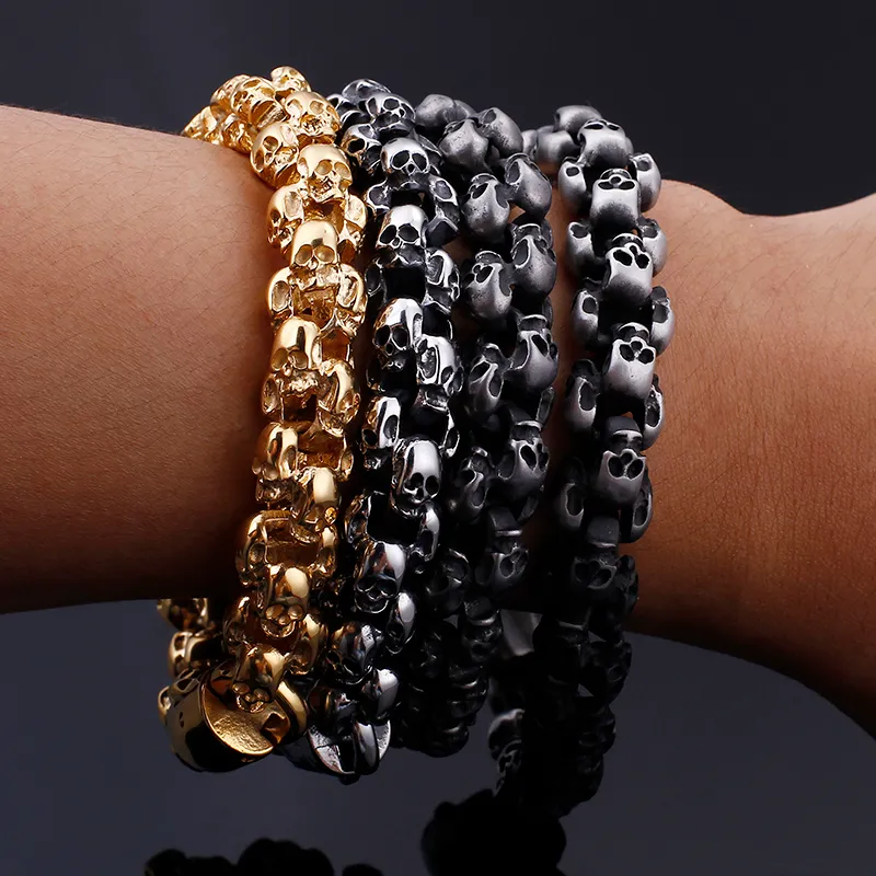 Punk Matte Shiny Skull Bracelets For Men Stainless Steel Brushed Skull Charm Link Chain Brecelet Male Gothic Jewelry2529