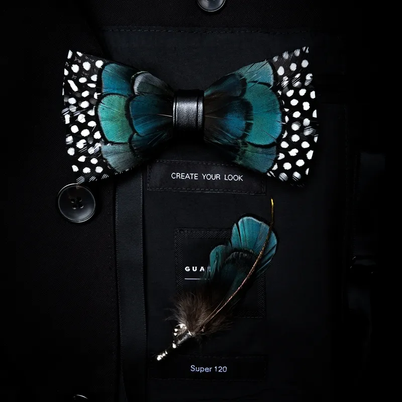Gusleson requintado feito à mão pena gravata borboleta broche conjunto com caixa de presente pré-amarrado gravata borboleta para festa de casamento 2010282747