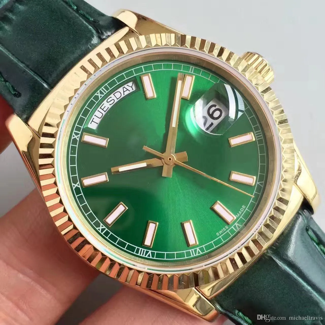 Luxusuhren für Herren, grünes Zifferblatt, 36 mm, 18 K Gold, Dreiecks-Lünette, Automatikwerk, Uhren 228 t