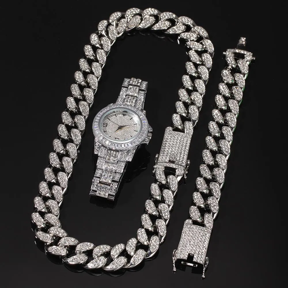 Set Men Hip Hop Iced Out Bling Chain Naszyjnik Bracelety Zatrzymaj 20 mm szerokość łańcucha kubańskiego naszyjniki Hiphop urok biżuterii prezenty 1289z