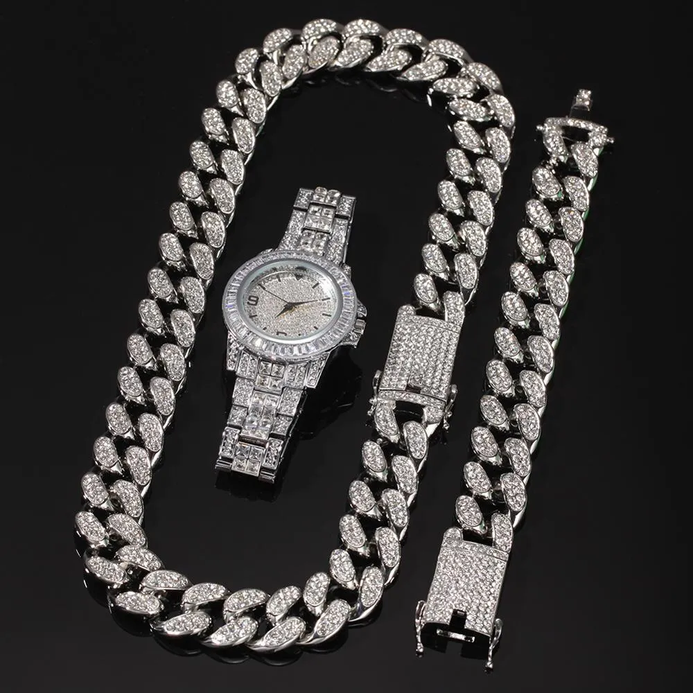 Chaînes / Set Hommes Hip Hop Glacé Bling Chaîne Collier Bracelets Montre 20mm Largeur Cubain Colliers Hiphop Charme Bijoux Cadeaux1283y