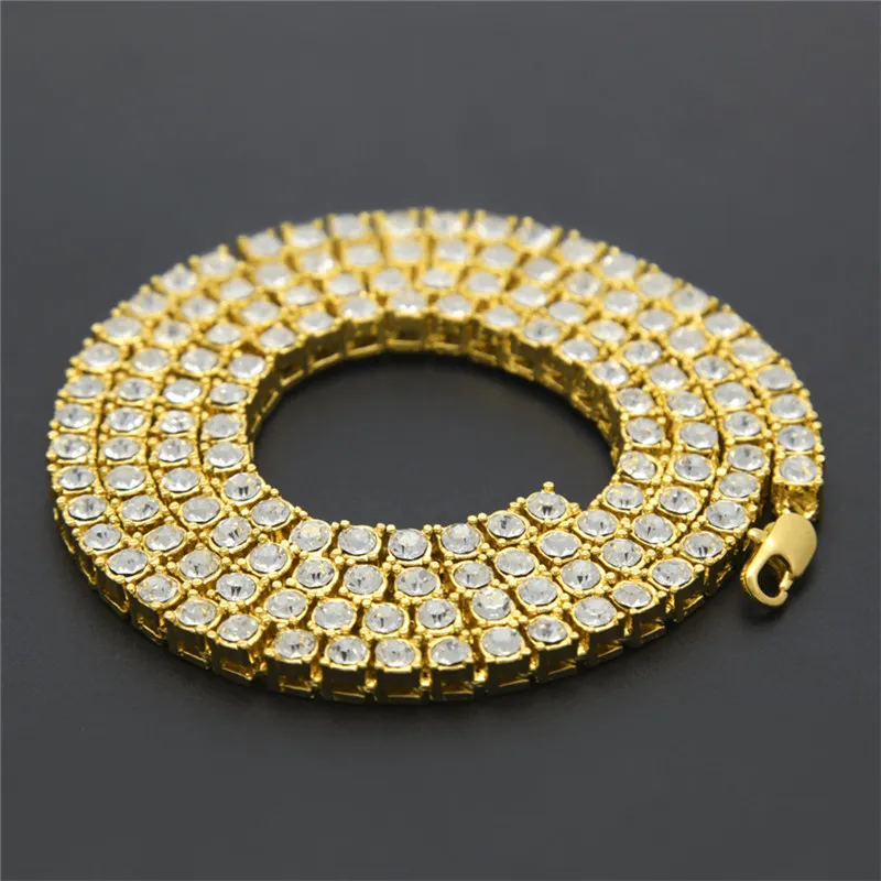 Hip Hop Gold Chain 1 Row 5mm Round Cut Tennis Necklace Chain 20inch --30inch Mens Punk Iced Out Rhinestone chain Necklace267O