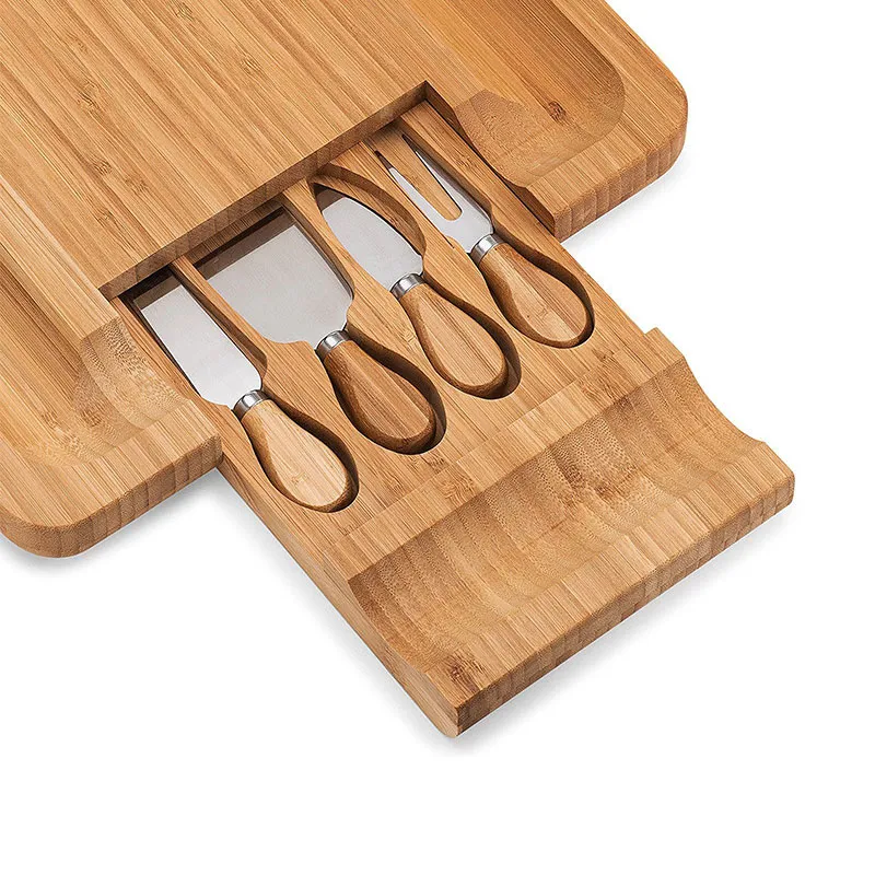 Bamboo Cheese Board Set With Cutlery In Slide-Out Drawer Including 4 Stainless Steel Knife and Serving Utensils Housewarmin333u