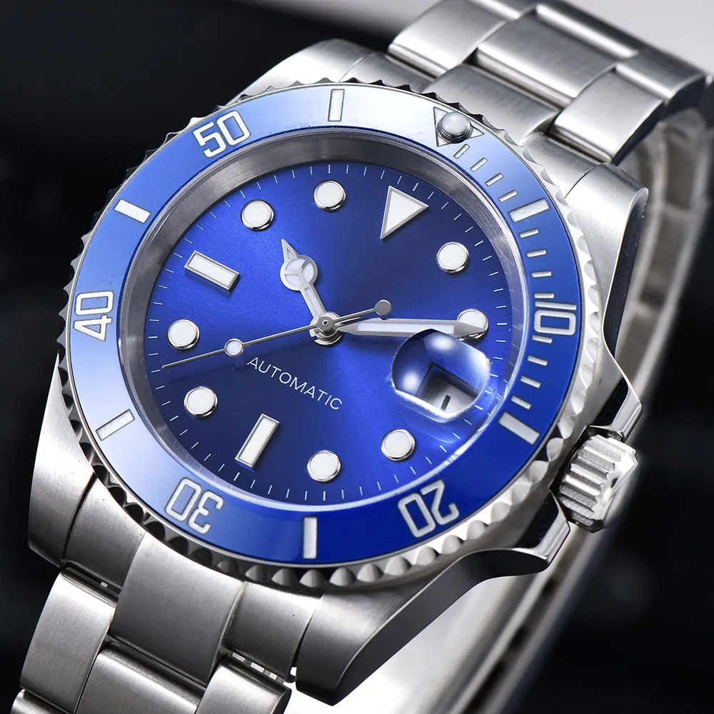 Синий циферблат мужские автоматические механические часы бренда роскошный сапфир механическое наручные часы плавание светящиеся 2813