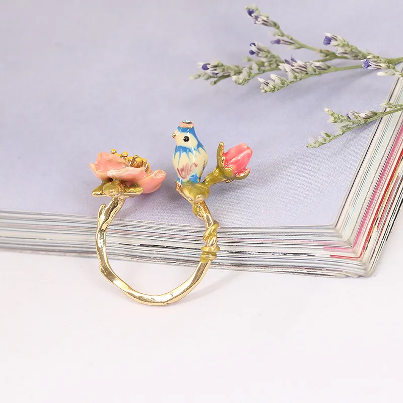 Juicy Grape 2019 Dreidimensionale rosa Blume Blaumeise Birdie Verstellbarer Ehering vergoldeter Schmuck für Frauen Geschenk für Mädchen J190715