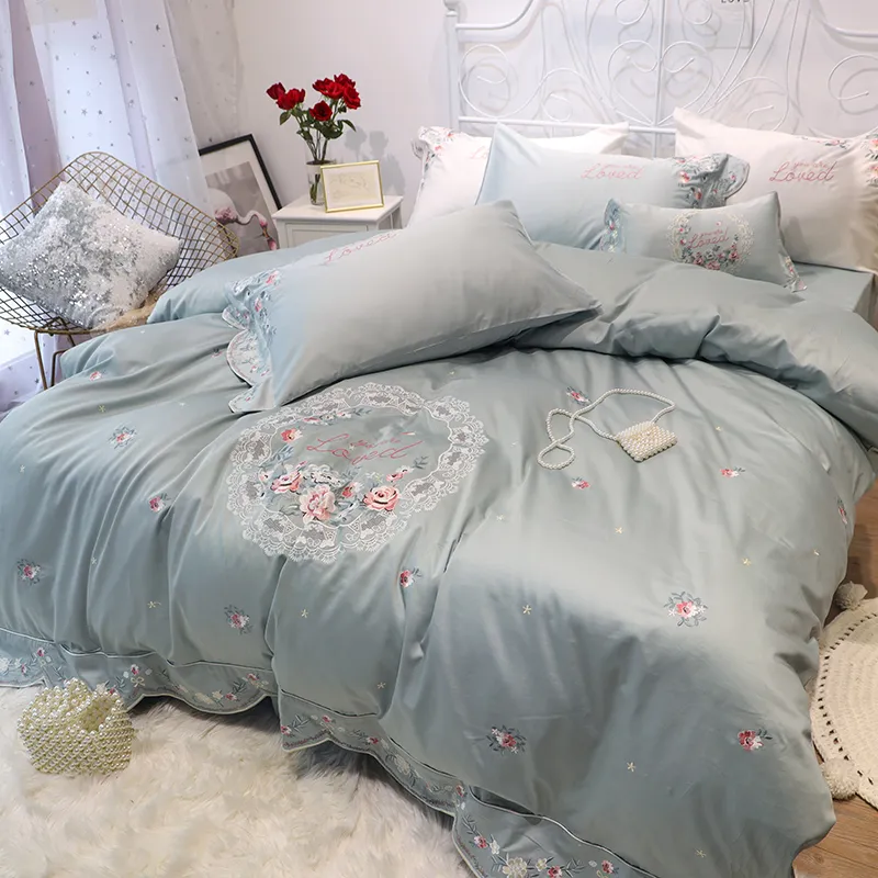 Księżniczka różowa bawełniana luksusowe łóżka król królowa rozmiar duszpasterski haft haftowy kwiat biały mięty mintgreen kołdra kołdra kołnierzowa łóżko 234d