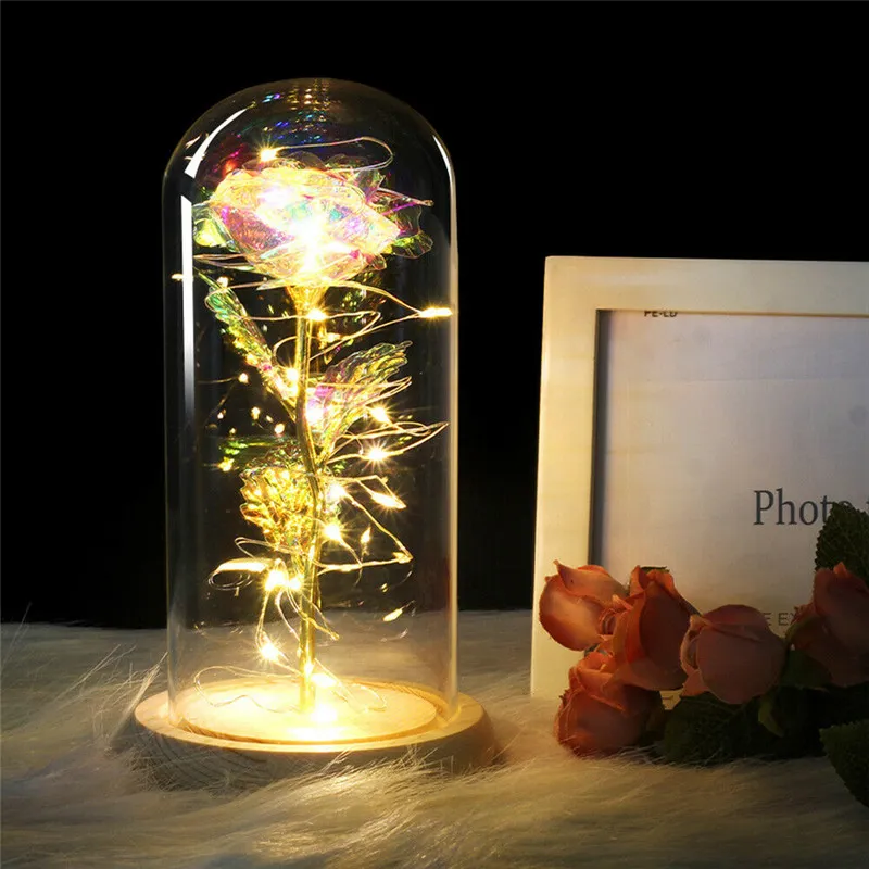 LED Galaxy Rose Blume Valentinstag Geschenk Romantische Kristall Rose High Bor Glas Holz Basis für Freundin Frau Party Decor186C