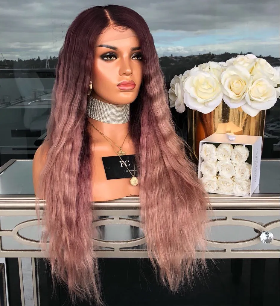 Long Curly Synthetic Wigs Romance Weave Deep Wave Dark Pink Wig